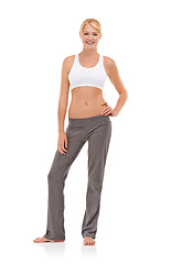 Image showing Fitness, smile and portrait of woman in studio for health, wellness and body workout or training. Happy, sports and full length of young female athlete with exercise isolated by white background.