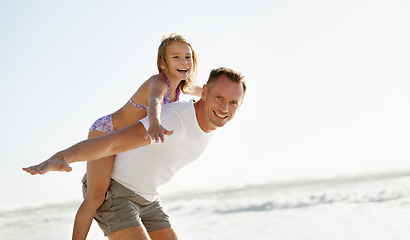 Image showing Father, child and portrait or airplane on beach holiday together or flying game on summer vacation, bonding or travel. Man, daughter and happy at ocean on back or Florida trip, playing or outdoor