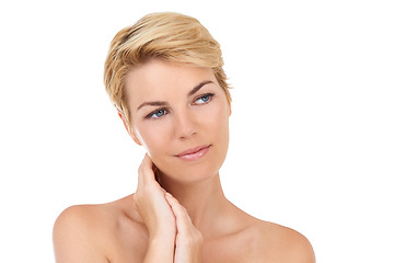 Image showing Thinking, skincare and woman with beauty in studio, white background and dermatology mock up. Confident, model and girl with pride from healthy glow on skin from cosmetics, facial or self care