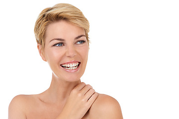 Image showing Thinking, skincare and happy woman with beauty in studio, white background and dermatology mock up. Confident, model and girl with pride from healthy glow on skin from cosmetics, facial or self care