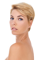 Image showing Skincare, portrait and woman with beauty in studio, white background and dermatology mock up. Confident, model and girl with pride from healthy glow on skin from cosmetics, makeup or hairstyle