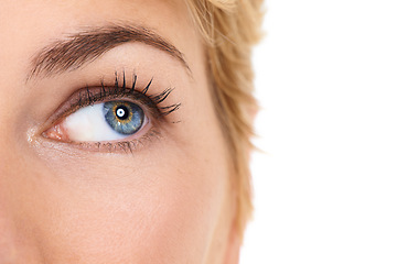 Image showing Closeup, eye and woman with beauty, vision and neutral eyeshadow isolated on white studio background. Person, cosmetics and girl with glamour look and mascara lashes with makeup or eyesight with iris