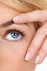 Image showing Eye, wellness and face closeup of woman for optical care and eyelash extension with microblading. Eyebrows, model and natural with person and cosmetics with vision and beauty with health or mascara