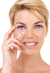 Image showing Cream, beauty and portrait of woman for skincare, wellness and facial care on white background. Dermatology, healthy skin and face of person for moisturizer, lotion or anti aging cosmetics in studio