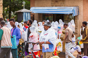 Image showing Orthodox Christian pilgrim at worship on the street during Easter holiday. Bahir Dar, Ethiopia