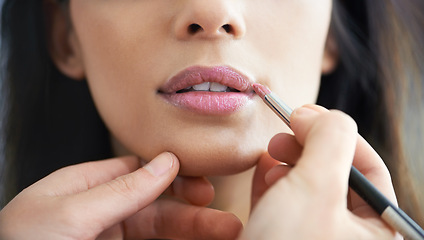 Image showing Hands, lipstick and makeup artist of gloss on mouth, woman and skincare or cosmetics and aesthetic. Female person, closeup and facial treatment for beauty, application and grooming for dermatology