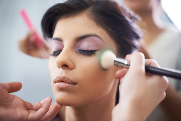 Image showing Face, hands and woman with makeup application and beauty, brush for color powder and glamour with beautician. Eyeshadow, lashes for cosmetology and cosmetic care with people backstage for styling