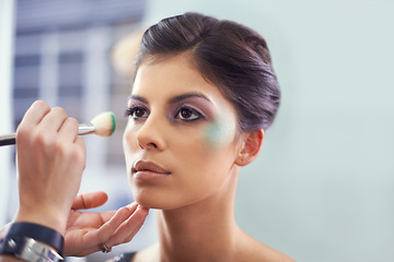 Image showing Face, hands and woman, makeup artist for beauty with brush for color powder and glamour with beautician. Eyeshadow, cosmetology and cosmetic care with people backstage for styling and makeover
