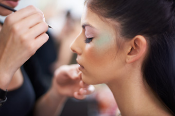 Image showing Woman, profile and makeup artist with hands for beauty, beautician and brush for color powder and glamour. Eyeshadow, cosmetology and face cosmetic care with people backstage for styling and makeover