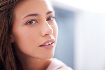 Image showing Skincare, face and portrait of woman at her home with cosmetic, health and wellness treatment. Beauty, confident and young female person with natural facial dermatology routine for glow at apartment.