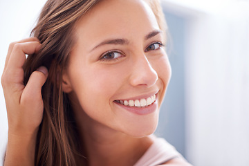 Image showing Beauty, happy and portrait of woman in bathroom with cosmetic, health and wellness face treatment. Skincare, confident and female person with natural facial dermatology routine for glow at apartment.