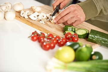 Image showing Diet, cooking and hands cutting vegetables on kitchen counter with salad, wellness and nutrition in home. Wood board, knife and healthy food process with brunch, chef and vegan meal prep in apartment