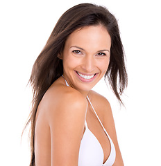 Image showing Portrait, happiness and woman with lingerie, smile and person isolated on a white studio background. Face, girl and model with bikini and peaceful with skincare and calm with underwear and beauty