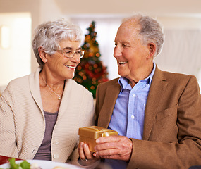 Image showing Christmas, gift and old couple with love, smile and happiness with celebration and festive season. Home, Xmas tree and surprise with elderly woman, senior man or marriage with present or cheerful