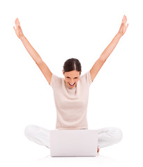 Image showing Woman, laptop and celebration or excited in studio with arms up for good news, promotion or winning. Female person, online and white background with mockup or announcement victory, reward or lottery