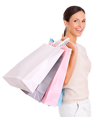 Image showing Woman, portrait and shopping bags for fashion retail with promotion for customer discount, sale or deal. Female person, studio and mockup space for boutique gift product, white background or giveaway