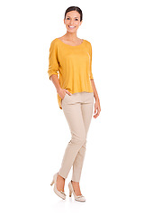 Image showing Woman, fashion and portrait for style, business and happy in outfit in studio for minimalist clothing. Female person, smile and yellow top by white background, designer and confident in apparel