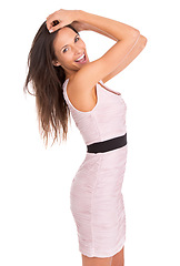 Image showing Studio, excited and portrait with smile, woman and happiness or confidence. Model, fashion and positive with summer style, empowerment and proud or elegant with pink dress on white background