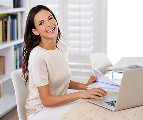 Image showing Paperwork, smile and portrait of woman with laptop working on creative project at home office. Happy, technology and female freelance designer with documents and computer in workspace at apartment.