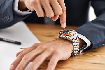 Image showing Hands, desk and wristwatch to check time for deadline at office, paperwork and schedule for business. Closeup, interview and appointment for work with commitment, punctual and plan for meeting.