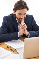 Image showing Lawyer, man and office with laptop and thinking at work, smile and paperwork with information for court. Law firm, small business and document with idea for contract to report, case and regulation.
