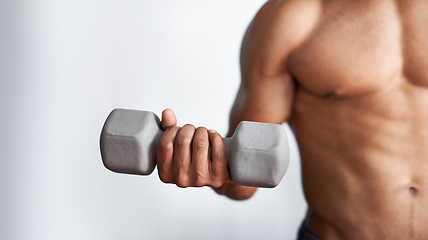 Image showing Hand, dumbbell and arm workout for weightlifting routine for endurance challenge or fit muscle, training or wellness. Bodybuilder, bicep and equipment in Miami or white background, mockup or studio