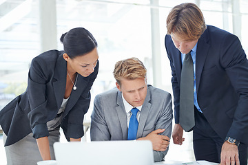 Image showing Business people, meeting and finance paperwork for project budget, spreadsheets and review together. Office, info and ideas with financial documents, accounting team and laptop for audit research