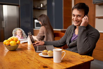 Image showing Man, portrait and phone call in kitchen with laptop on a mobile for communication, remote work and freelancer. Male person, online and morning in home with digital tech, internet and reading emails