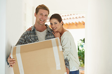 Image showing New house, portrait or happy couple with box for moving or excited for investment in real estate. Man, woman and proud homeowner with package by front door and smile face in living room for mortgage