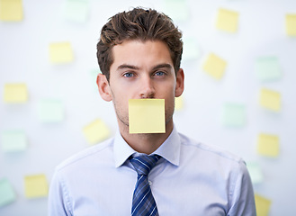 Image showing Businessman, portrait and sticky note for brainstorming, office and professional workspace. Male person, company and confident for silent, startup and entrepreneur for career and corporate control