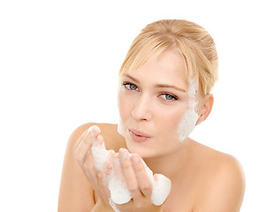 Image showing Woman, portrait and foam on face for skincare with cleanser, cosmetics and soap for clear skin. Female person, white background and fresh for beauty, hygiene and treatment for wellness and self care