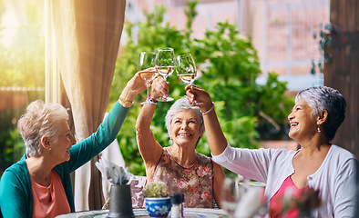 Image showing Cheers, wine and elderly with friends in restaurant for bonding, lunch and relax. Retirement, hospitality and happiness with senior people with drink for social celebration, memory and support