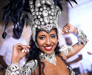 Image showing Dancer, carnival and woman in portrait with smile, pride and culture with band for music performance in night. People, men and girl at event, party and celebration with tradition in Rio de Janeiro