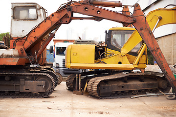 Image showing Crane, machine and industry with vehicle, track and transportation for driving with manufacturing. Construction, tractor and outdoor in junkyard, plant and moving for steel industry in environment