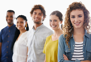 Image showing Happy, portrait and team of business people in studio with collaboration, diversity or unity. Smile, pride and group of young employees with positive, good and confident attitude by white background.