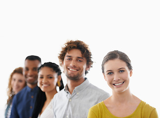 Image showing Smile, portrait and team of business people in studio with mockup space for collaboration. Happy, pride and group of young colleagues with positive, good and confident attitude by white background.