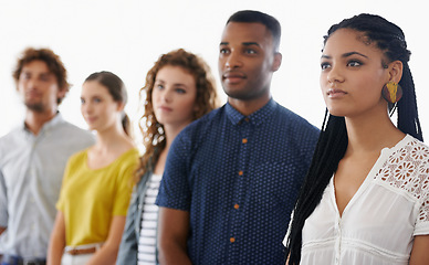 Image showing Row, woman and group with diversity for hiring in line, waiting and happy for career opportunity. Recruitment, candidates and onboarding team with smile, confidence and interview process at company