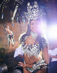 Image showing Carnival, dance and portrait of woman in costume for festival, celebration and holiday party. Happy, samba dancer and person in masquerade outfit for performance, culture and event in Rio de Janeiro