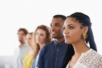 Image showing Row, woman and group with diversity for hiring in line, waiting and happy for career opportunity. Recruitment, candidates and onboarding team with smile, confidence and interview process at company