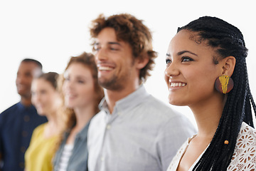 Image showing Row, woman and group with diversity for recruitment in line, waiting and happy for career opportunity. People, candidates and onboarding team with smile, confidence and interview process at company