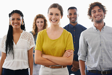 Image showing Business people, portrait and happy with teamwork in office for recruitment, onboarding or hiring process at work. Collaboration, professional workers and face with smile, diversity and creative team