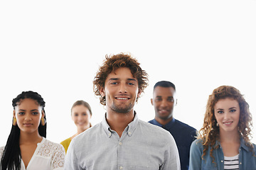 Image showing Business people, portrait and happy with teamwork in studio for recruitment, onboarding and hiring process with mockup. Collaboration, professional workers and face with diversity on white background