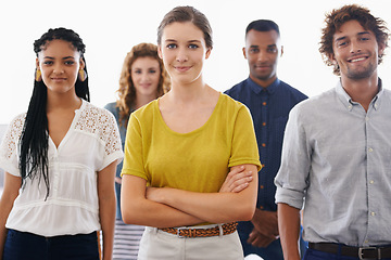 Image showing Business people, portrait and smile with teamwork in studio for recruitment, onboarding or hiring process at workplace. Collaboration, professional workers and face with diversity on white background