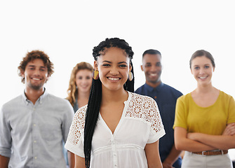 Image showing Business woman, portrait and happy with teamwork in office for recruitment, onboarding or hiring process at work. Collaboration, professional workers and face with smile, diversity and creative team