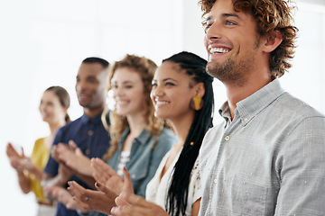 Image showing Happy, business people and applause with team in meeting for presentation, conference or workshop. Group of young employees clapping with smile for celebration, staff training or success at workplace