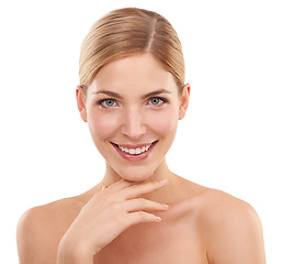 Image showing Skincare, cosmetics and portrait of happy woman in studio with beauty, confidence and facial glow. Dermatology, healthy skin and face of girl on white background with luxury care, smile and wellness.