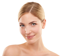 Image showing Beauty, cosmetics and portrait of happy woman in studio with skincare, confidence and facial glow. Dermatology, healthy skin and face of girl on white background with luxury care, smile and wellness.