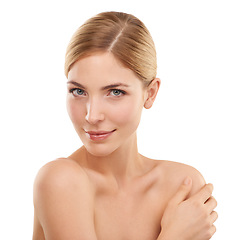 Image showing Beauty, cosmetics and portrait of woman in studio with skincare, confidence and facial glow. Dermatology, healthy skin and face of girl on white background with care, smile and wellness.