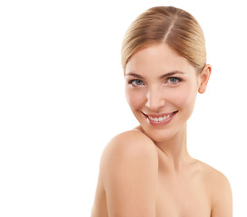 Image showing Beauty, skincare and portrait of woman in studio mockup with cosmetics, confidence and natural glow. Dermatology, healthy skin and face of girl on white background space for facial, care and wellness