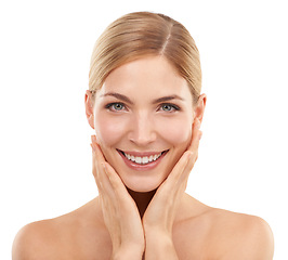 Image showing Beauty, skincare and portrait of happy woman with natural glow, cosmetics and smile in studio. Dermatology, healthy skin and face of girl on white background with care, facial and anti aging wellness